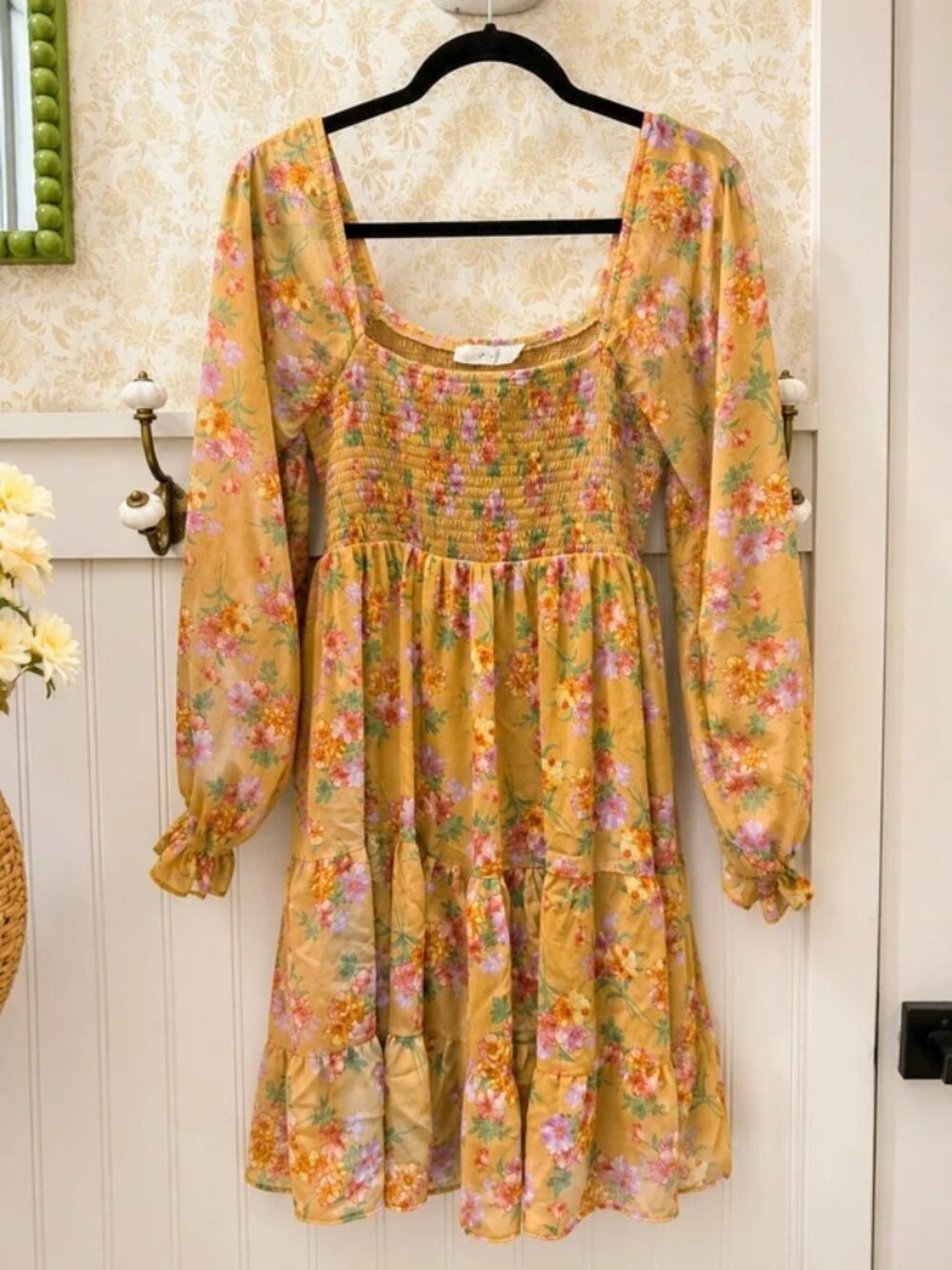 LUSH Mustard Floral Smocked Long Sleeve Mini Dress Size Small